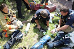 Firefighter/paramedics Morgan Flarity, Todd Gordon and Ian Van Aken attend to animals pulled from a house fire on Sept. 5.