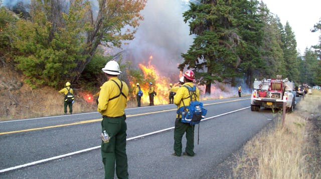 Firefighters are seen performing burnout operations along Highway 12 during the Yakima Complex Fire.