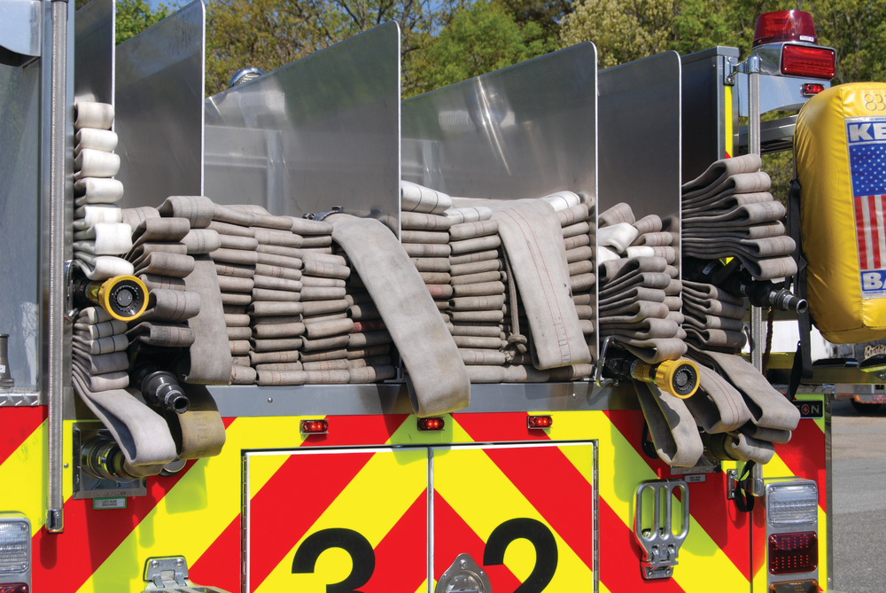 The Allentown Road Volunteer Fire Department in Fort Washington, MD, operates this Spartan/Crimson pumper with a low-hosebed design to permit rapid and safe advancement of attack lines. Note the smooth-bore nozzles on both the two- and 2&frac12;-inch lines.