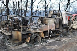 Austrian firefighters battling a wildfire became trapped in their apparatus on Oct. 12 after it became engulfed in flames. Austrian firefighters battling a wildfire became trapped in their apparatus on Oct. 12 after it became engulfed in flames.