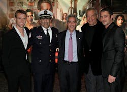 From left, actor Jesse Spencer, Chicago Fire Commissioner Jose Santiago, Chicago Mayor Rahm Emanuel, Executive Producer Dick Wolf and actor Taylor Kinney are seen at the premiere of &apos;Chicago Fire&apos; at the Chicago History Museum on Oct. 2.