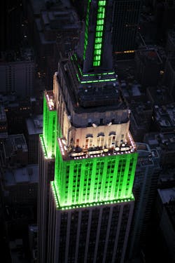 Special lights atop the Empire State Building honor the FDNY Emerald Society Pipes and Drums Band on its 50th anniversary.