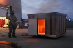 Series of photos depicts a backdraft in a one-half-scale model compartment burn at Eastern Kentucky University. Series of photos depicts a backdraft in a one-half-scale model compartment burn at Eastern Kentucky University.