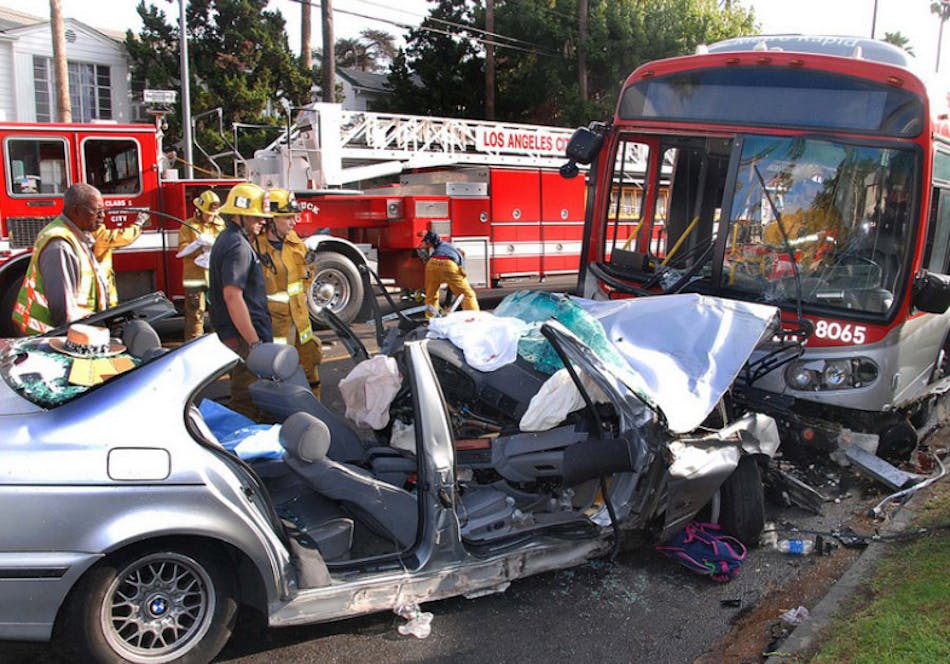 A Los Angeles Metro bus sideswiped a dump truck before colliding with a car in Hollywood on Oct. 23, sending 35 people to the hospital.