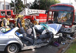A Los Angeles Metro bus sideswiped a dump truck before colliding with a car in Hollywood on Oct. 23, sending 35 people to the hospital. A Los Angeles Metro bus sideswiped a dump truck before colliding with a car in Hollywood on Oct. 23, sending 35 people to the hospital.