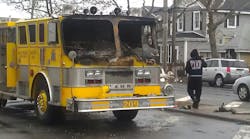 A fire engine from the Broad Channel Volunteer Fire Department in Queens was damaged during Hurricane Sandy.