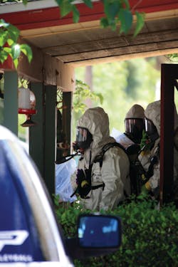 To be able to select protective equipment and safely operate at a hazmat scene, responders use air-monitoring instruments to identify the type of chemical present and where it is located. To be able to select protective equipment and safely operate at a hazmat scene, responders use air-monitoring instruments to identify the type of chemical present and where it is located.