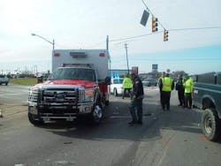A Stonelick Township ambulance was damaged in a four-vehicle wreck on Tuesday.