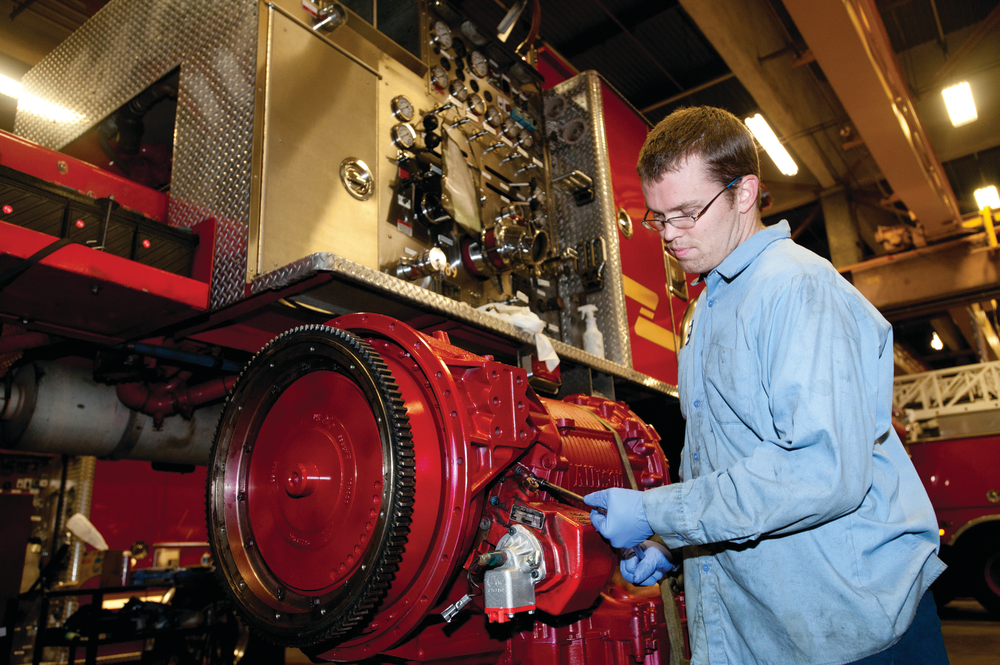 Fire Equipment Mechanic Robert Hillseth of the Los Angeles County, CA, Fire Department works on an apparatus transmission in the department&rsquo;s shop. Fire departments from coast to coast are having trouble finding qualified mechanics to work on apparatus.