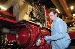 Fire Equipment Mechanic Robert Hillseth of the Los Angeles County, CA, Fire Department works on an apparatus transmission in the department’s shop. Fire departments from coast to coast are having trouble finding qualified mechanics to work on apparatus. Fire Equipment Mechanic Robert Hillseth of the Los Angeles County, CA, Fire Department works on an apparatus transmission in the department’s shop. Fire departments from coast to coast are having trouble finding qualified mechanics to work on apparatus.