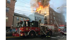 DEC. 3: UNION CITY, NJ &ndash; Firefighters found heavy fire coming from the top floor of an occupied four-story mixed-use building. Approximately 20 people escaped the fire, but nearly 100 residents were displaced. As crews advanced on the fire, the roof collapsed. Ladder pipes, a squirt and a tower ladder from Jersey City responded to the third alarm.