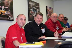 Members of the Guil-Rand Fire Department and Board of Directors signing a contract for three new custom eMAX pumpers.