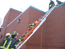 Photo 3: The tip of the ladder tip needs to be positioned just below the gutter line at an angle that will be allow the litter to slide down the beams of the ladder.