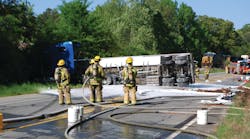 Gwinnett County Fire Department Hazardous Materials Response Team responded to an overturned tanker that spilled 2,000 gallons of gasoline into a creek.