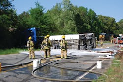 Gwinnett County Fire Department Hazardous Materials Response Team responded to an overturned tanker that spilled 2,000 gallons of gasoline into a creek. Gwinnett County Fire Department Hazardous Materials Response Team responded to an overturned tanker that spilled 2,000 gallons of gasoline into a creek.