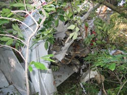 Responders found this small general-aviation aircraft fuselage tangled in terrain. Scene access may be a major challenge for responders when dealing with accidents involving general-aviation aircraft.