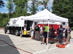 The Durham, NC, Fire and Police departments often work together at hazardous materials incidents. The Durham, NC, Fire and Police departments often work together at hazardous materials incidents.