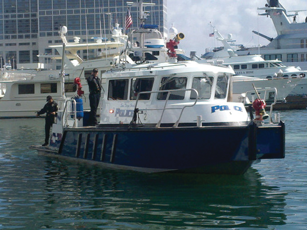 San Diego Harbor Police Department Marine 2 maneuvers into dock after a training mission during Firehouse World last month. The walk around cabin offers easy access around the craft.