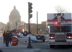 Emergency crews at the scene of a two car crash at University Avenue and Marion Street in St Paul at about 7 a.m. on Wednesday, April 3. Firefighters extricated one occupant from this pickup, and medics transported them to Regions Hospital. Emergency crews at the scene of a two car crash at University Avenue and Marion Street in St Paul at about 7 a.m. on Wednesday, April 3. Firefighters extricated one occupant from this pickup, and medics transported them to Regions Hospital.