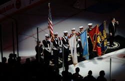 The Boston Fire Department honor guard presents the colors at the Bruins-Sabres game. The Boston Fire Department honor guard presents the colors at the Bruins-Sabres game.