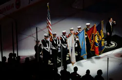 The Boston Fire Department honor guard presents the colors at the Bruins-Sabres game. The Boston Fire Department honor guard presents the colors at the Bruins-Sabres game.