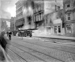 Firefighters attack a basement fire in the U.S. Geological Survey building fire on F Street NW in Washington, DC, on May 18, 1913. Firefighters attack a basement fire in the U.S. Geological Survey building fire on F Street NW in Washington, DC, on May 18, 1913.