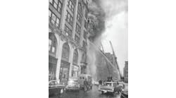 NEW YORK CITY: MARCH 19, 1958 &ndash; FDNY units battle a five-alarm fire at 623 Broadway in Manhattan. A textile oven exploded and set fire to the third floor of the five-story factory. Twenty-five people were killed and numerous others were saved by firemen using Ladder 20&rsquo;s aerial ladder. The fire was reported at 3:55 P.M.