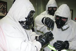 Emergency responders attending the TERT course sample for the possible detection of the biological material Ricin. These students worked with biological materials Ricin and Anthrax, and also nerve agents GB and VX, during their course. Emergency responders attending the TERT course sample for the possible detection of the biological material Ricin. These students worked with biological materials Ricin and Anthrax, and also nerve agents GB and VX, during their course.