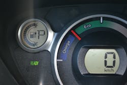 The instrument panel of this i-MiEV electric vehicle indicates that it is in the &apos;ready&apos; mode, is powered up, and can be operated and driven. Once the ignition is turned off, the ready light will go out, the red needle will drop, and the speedometer and battery-level displays will go out.