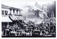 A fire broke out in a room over a clothing store in Fredericktown, OH, at 1 P.M. on Aug. 29, 1913, and spread quickly. Firefighters and apparatus responded from nearby Mount Vernon and helped battle the flames. The fire spread from the clothing store to a five-and-10-cent store, two meat markets, two barbershops, a grocery store, a restaurant and a drug store before it was brought under control.