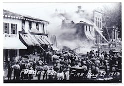 A fire broke out in a room over a clothing store in Fredericktown, OH, at 1 P.M. on Aug. 29, 1913, and spread quickly. Firefighters and apparatus responded from nearby Mount Vernon and helped battle the flames. The fire spread from the clothing store to a five-and-10-cent store, two meat markets, two barbershops, a grocery store, a restaurant and a drug store before it was brought under control.