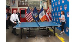 Oscar-winning actress and co-owner of SPiN New York Susan Sarandon competed against FDNY Commissioner Salvatore J. Cassano at the quarters of Engine 14 in Manhattan on August 21, 2013. SPiN New York and STIGA will donate 10 table tennis tables to FDNY firehouses and EMS stations throughout New York City.