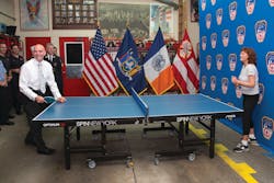 Oscar-winning actress and co-owner of SPiN New York Susan Sarandon competed against FDNY Commissioner Salvatore J. Cassano at the quarters of Engine 14 in Manhattan on August 21, 2013. SPiN New York and STIGA will donate 10 table tennis tables to FDNY firehouses and EMS stations throughout New York City. Oscar-winning actress and co-owner of SPiN New York Susan Sarandon competed against FDNY Commissioner Salvatore J. Cassano at the quarters of Engine 14 in Manhattan on August 21, 2013. SPiN New York and STIGA will donate 10 table tennis tables to FDNY firehouses and EMS stations throughout New York City.