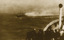 Early in the morning of Oct. 9, 1913, a fire started among luggage and casks of chemicals and other freight stored below decks on the ocean liner SS Volturno in the North Atlantic. The ship, carrying 561 passengers and a crew of 93, was traveling to New York through a heavy storm and high seas when the fire began. Several explosions spread the flames quickly. Calls for help were sent out and 11 ships soon converged on the blazing liner. The Volturno’s captain, Francis Inch, took command of the firefighting and rescue efforts. Several lifeboats were launched, but with tragic results. Approximately 130 people, mostly women and children, died when their lifeboats capsized or were smashed against the Volturno's hull in the heavy waves. The remaining people were all saved. Early in the morning of Oct. 9, 1913, a fire started among luggage and casks of chemicals and other freight stored below decks on the ocean liner SS Volturno in the North Atlantic. The ship, carrying 561 passengers and a crew of 93, was traveling to New York through a heavy storm and high seas when the fire began. Several explosions spread the flames quickly. Calls for help were sent out and 11 ships soon converged on the blazing liner. The Volturno’s captain, Francis Inch, took command of the firefighting and rescue efforts. Several lifeboats were launched, but with tragic results. Approximately 130 people, mostly women and children, died when their lifeboats capsized or were smashed against the Volturno's hull in the heavy waves. The remaining people were all saved.