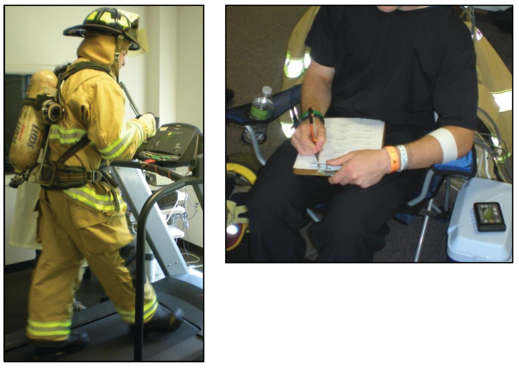 Figure 1. During treadmill walking, participants wore full personal protective equipment (PPE). During recovery periods, participants doffed some or all PPE while rehydrating and being cooled by a fan. This participant is completing the clothing sensations questionnaire.
