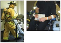 Figure 1. During treadmill walking, participants wore full personal protective equipment (PPE). During recovery periods, participants doffed some or all PPE while rehydrating and being cooled by a fan. This participant is completing the clothing sensations questionnaire.