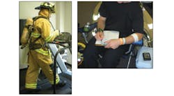 Figure 1. During treadmill walking, participants wore full personal protective equipment (PPE). During recovery periods, participants doffed some or all PPE while rehydrating and being cooled by a fan. This participant is completing the clothing sensations questionnaire.