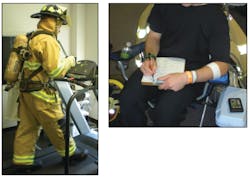 Figure 1. During treadmill walking, participants wore full personal protective equipment (PPE). During recovery periods, participants doffed some or all PPE while rehydrating and being cooled by a fan. This participant is completing the clothing sensations questionnaire. Figure 1. During treadmill walking, participants wore full personal protective equipment (PPE). During recovery periods, participants doffed some or all PPE while rehydrating and being cooled by a fan. This participant is completing the clothing sensations questionnaire.
