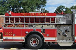 College Park, MD, Fire Department engines carry a complement of portable ladders mounted outboard on the right side of the apparatus. Note the placement of the ladders above the standpipe hose trays and that the ladders do not extend past the rear body.
