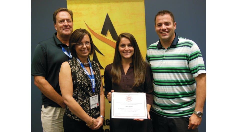 The Fire Apparatus Manufacturers&apos; Association (FAMA) has awarded its 2013 Phillip L. Turner Fire Protection Scholarship to University of Maryland student Maria Theodori, holding certificate. Theodori, a senior majoring in fire protection engineering, received a $5,000 scholarship in recognition of her academic achievement and commitment to the fire service. In addition to her academics, Theodori is president of the university&apos;s Society of Fire Protection Engineers Student Chapter. Last summer, she interned in Greece with the Forest Research Institute of Athens to research wildfires and how to decrease home vulnerability on the wildland/urban interface. The award is given annually by FAMA and has been sponsored since 2009 by FAMA member Akron Brass Co. With Theodori are Akron Brass representatives Tim Van Fleet, left, and Dave Durstine, accompanied by Tammy Laridaen of the FAMA Education Committee.