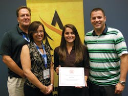 The Fire Apparatus Manufacturers' Association (FAMA) has awarded its 2013 Phillip L. Turner Fire Protection Scholarship to University of Maryland student Maria Theodori, holding certificate. Theodori, a senior majoring in fire protection engineering, received a $5,000 scholarship in recognition of her academic achievement and commitment to the fire service. In addition to her academics, Theodori is president of the university's Society of Fire Protection Engineers Student Chapter. Last summer, she interned in Greece with the Forest Research Institute of Athens to research wildfires and how to decrease home vulnerability on the wildland/urban interface. The award is given annually by FAMA and has been sponsored since 2009 by FAMA member Akron Brass Co. With Theodori are Akron Brass representatives Tim Van Fleet, left, and Dave Durstine, accompanied by Tammy Laridaen of the FAMA Education Committee. The Fire Apparatus Manufacturers' Association (FAMA) has awarded its 2013 Phillip L. Turner Fire Protection Scholarship to University of Maryland student Maria Theodori, holding certificate. Theodori, a senior majoring in fire protection engineering, received a $5,000 scholarship in recognition of her academic achievement and commitment to the fire service. In addition to her academics, Theodori is president of the university's Society of Fire Protection Engineers Student Chapter. Last summer, she interned in Greece with the Forest Research Institute of Athens to research wildfires and how to decrease home vulnerability on the wildland/urban interface. The award is given annually by FAMA and has been sponsored since 2009 by FAMA member Akron Brass Co. With Theodori are Akron Brass representatives Tim Van Fleet, left, and Dave Durstine, accompanied by Tammy Laridaen of the FAMA Education Committee.