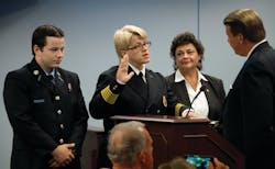 Denise Pouget is the first female chief of the Frederick County, MD, Division of Fire and Rescue Services. Denise Pouget is the first female chief of the Frederick County, MD, Division of Fire and Rescue Services.