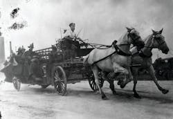 Freeport, NY, Fire Department Excelsior Hook & Ladder 1 responds circa 1905. Freeport, NY, Fire Department Excelsior Hook & Ladder 1 responds circa 1905.