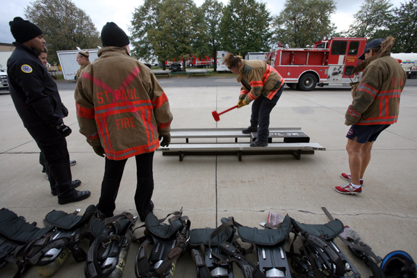 Part of St. Paul's physical agility exam includes the Kasier sled, which simulates chopping actions.