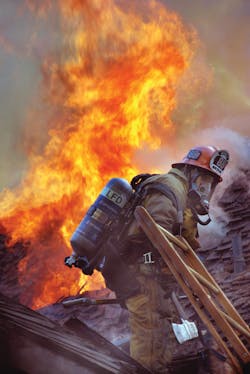 OCT. 30: ENCINO, CA &ndash; Over 100 Los Angeles firefighters battled a huge blaze raging at an Encino home that injured two captains and two firefighters. The home&apos;s location was a challenge as firefighters faced curvy narrow roads and had to hike equipment a 1/4-mile uphill to the structure. A long and relentless attack led to a fully extinguished blaze in two hours and 20 minutes. Two pet dogs were found deceased.