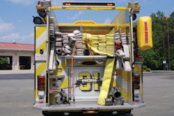 Bay District, MD, Fire Department Engine 91 carries 1,000 feet of three-inch hose and 1,000 feet of four-inch supply line together with a three-inch leader line and two attack lines with a 750-gallon, L-shaped water tank. Note the rope lines attached to the supply line beds so that personnel do not have to climb onto the rear step. Bay District, MD, Fire Department Engine 91 carries 1,000 feet of three-inch hose and 1,000 feet of four-inch supply line together with a three-inch leader line and two attack lines with a 750-gallon, L-shaped water tank. Note the rope lines attached to the supply line beds so that personnel do not have to climb onto the rear step.