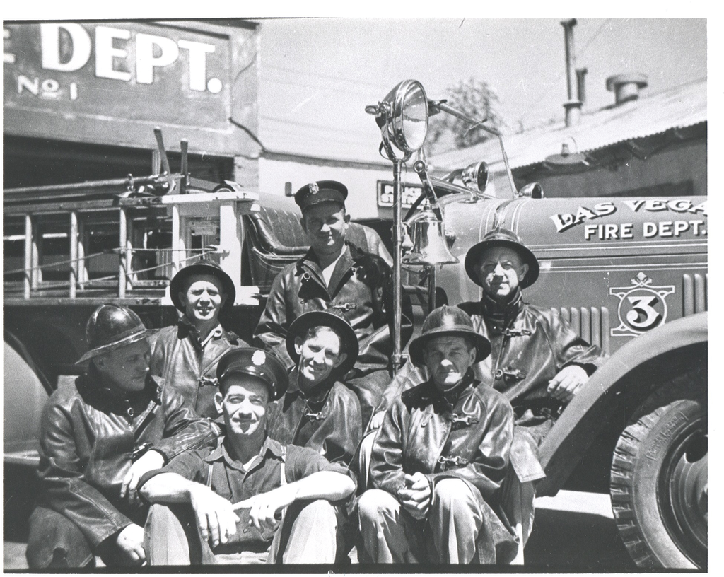 Volunteer firefighters gather outside the then-Las Vegas, NV, Fire Department's original Fire Station No. 1 in 1943.