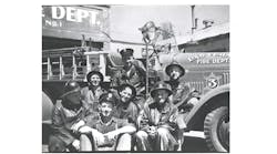 Volunteer firefighters gather outside the then-Las Vegas, NV, Fire Department&apos;s original Fire Station No. 1 in 1943.