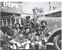 Volunteer firefighters gather outside the then-Las Vegas, NV, Fire Department&apos;s original Fire Station No. 1 in 1943.