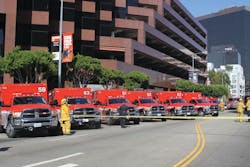 At this Los Angeles high-rise fire, 20 rescue ambulances responded, some of which are staged here. If you responded to a multi-casualty incident, could you muster this much help right away? At this Los Angeles high-rise fire, 20 rescue ambulances responded, some of which are staged here. If you responded to a multi-casualty incident, could you muster this much help right away?